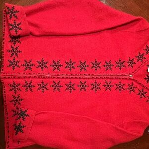 Coldwater Creek Festive Red Cardigan with Black Pattern
